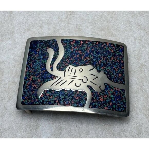 Vintage TAXCO Sterling Silver Inlay Belt Buckle Mosaic Aztec Mayan Design - Picture 1 of 6